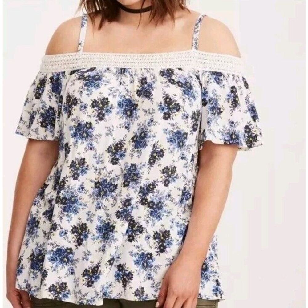Torrid Strappy Crepe Off Shoulder Top Blouse Floral Lace 1X 14/16 Cottagecore